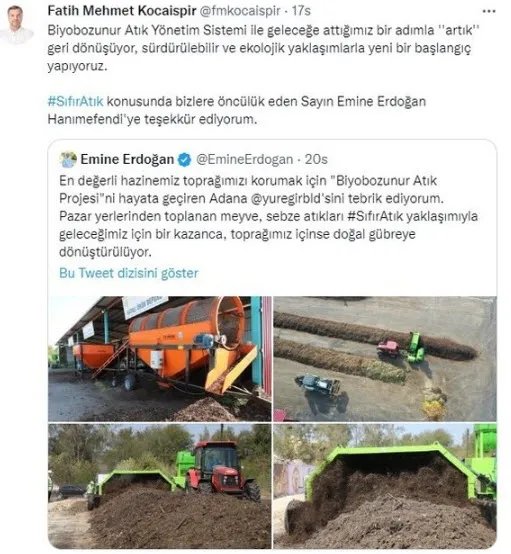 1671704028003.jpg Başkan Erdoğan'ın eşi Emine Erdoğan "Biyobozunur Atık Projesini" hayata geçiren belediyeyi tebrik etti - 1