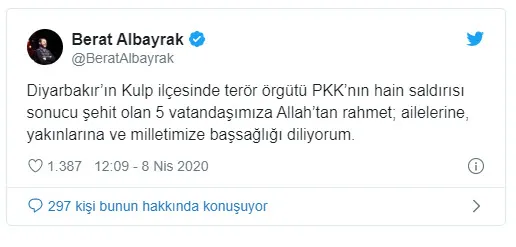 Hazine ve Maliye Bakanı Berat Albayrak’tan Diyarbakır’daki hain saldırıda şehit düşenler için başsağlığı mesajı