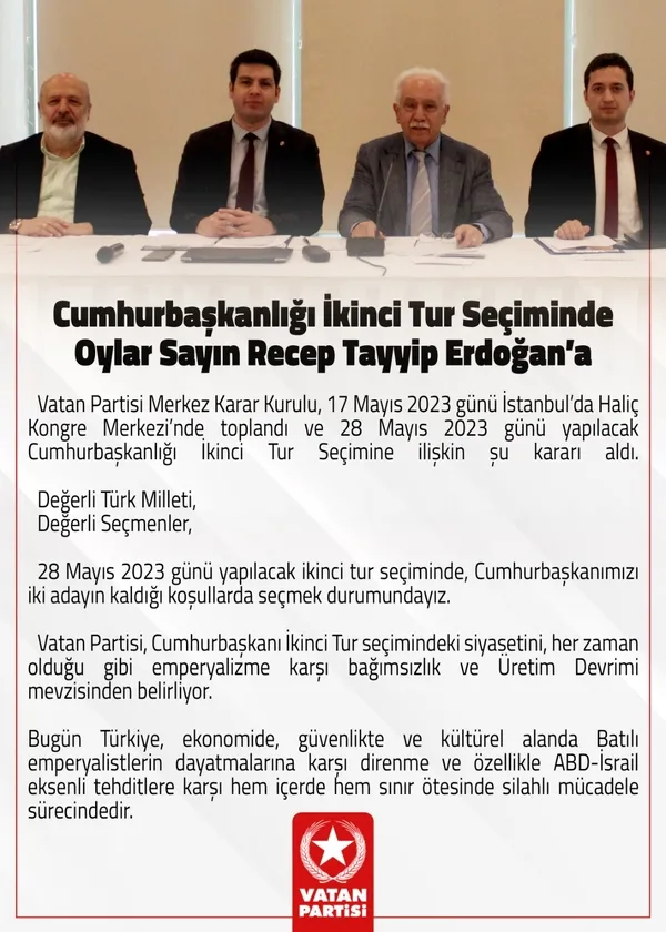 Vatan Partisi Genel Başkanı Doğu Perinçek: Halkımızı Sayın Recep Tayyip Erdoğan’a oy vermeye çağırıyoruz