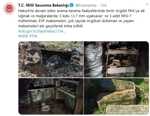 Son dakika: MSB açıkladı! PKK’ya Hakurk’da bir darbe daha!