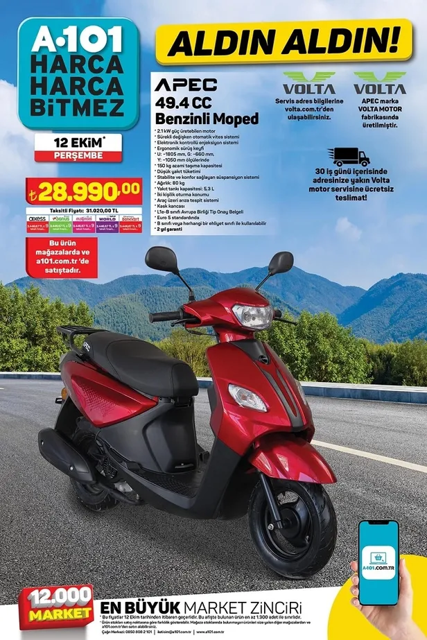 14 Ekim A101 aktüel ürünler kataloğu yayınlandı! 28 bin TL’ye benzinli Moped, 179 TL’ye 5L sıvı yağ 299 TL’ye Mop Kova seti, 22 TL’ye 2kg un satışa sunuluyor