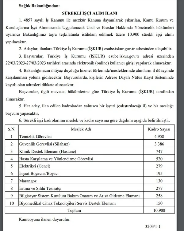 saglik-bakanliginin-10900-surekli-isci-alimi-ilani-resmi-gazetede-1679440873829.jpg Sağlık Bakanlığının 10.900 sürekli işçi alımı ilanı Resmi Gazete'de | Hangi meslekten ne kadar işe alım yapılacak? - 4