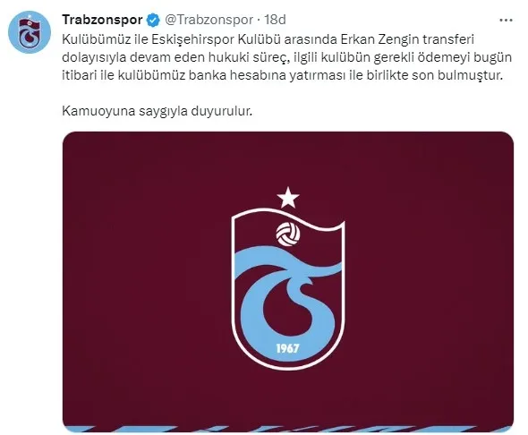 Trabzonspor’dan SON DAKİKA Erkan Zengin açıklaması