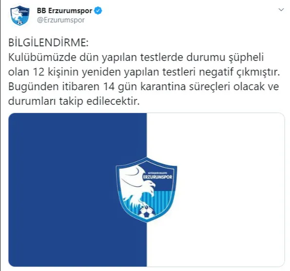 Son dakika: Büyükşehir Belediye Erzurumspor'dan flaş corona virüs açıklaması: Negatif çıktılar - 1