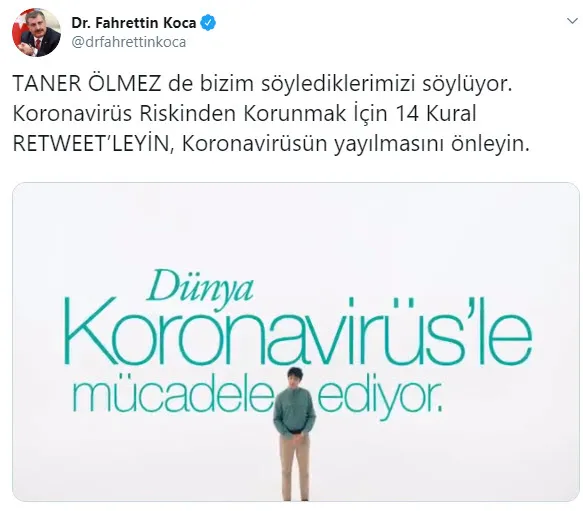 Sağlık Bakanı Fahrettin Koca, Taner Ölmez’in koronavirüs hakkındaki videosunu paylaştı