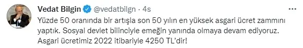 Çalışma ve Sosyal Güvenlik Bakanı Vedat Bilgin’den 2022 yılı asgari ücret açıklaması