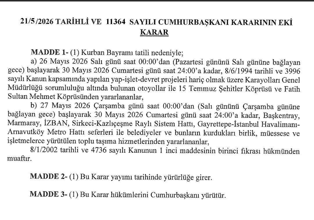 Bayramda ücretsiz ulaşım kararı 21 Mayıs 2026 tarihli Resmi Gazete'nin mükerrer sayısında yayımlandı (Foto: ahaber.com.tr)