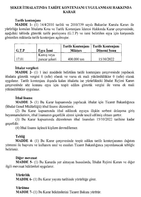 SON DAKİKA: Şeker ithalatına tarife kontenjanı! Karar Resmi Gazete’de - 2