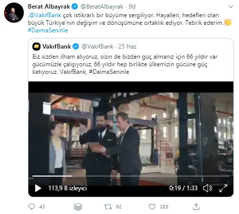 Hazine ve Maliye Bakanı Berat Albayrak'tan Vakıfbank paylaşımı: Türkiye'nin değişim ve dönüşümüne ortaklık ediyor - 1