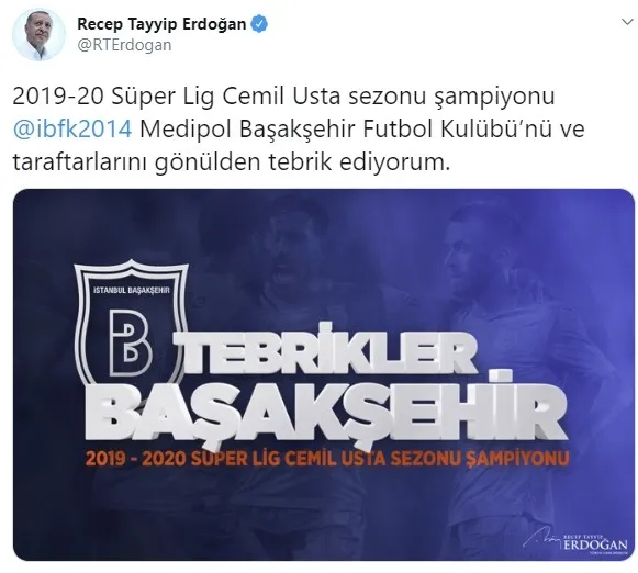 Son dakika: Başkan Erdoğan'dan Başakşehir'e tebrik mesajı - 1