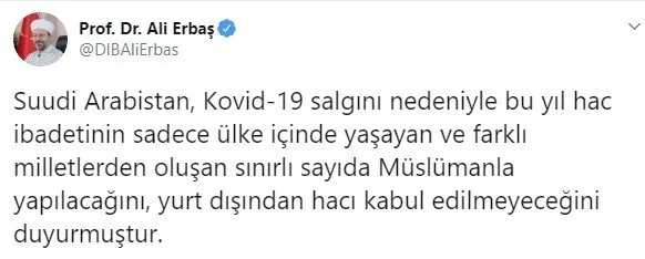 Diyanet Isleri Baskani Ali Erbas Tan Hac Karari Hakkinda Aciklama