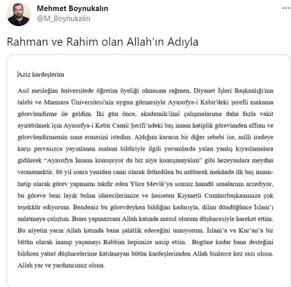 Son dakika: Ayasofya Camii imamı Prof. Dr. Mehmet Boynukalın Marmara Üniversitesi İlahiyat Fakültesi’ndeki görevine geri döndü