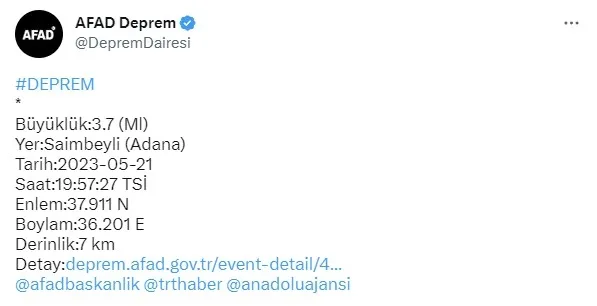 Adana’da korkutan deprem! AFAD 2023 son depremler listesi