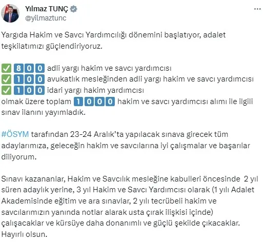 SINAV İLANI SON DAKİKA YAYINLANDI! Bakan Tunç duyurdu! 1000 Hakim ve Savcı yardımcılığı sınavı ne zaman? Başvuru tarihi...