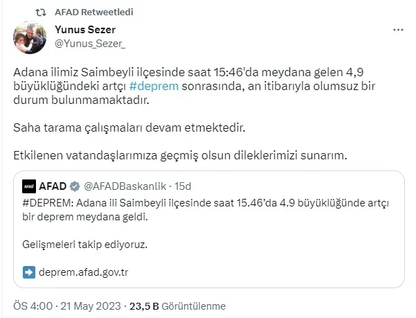 ADANA’DA DEPREM! 21 Mayıs Saimbeyli, Antep, Maraş deprem mi oldu, kaç büyüklüğünde meydana geldi? AFAD, KANDİLLİ son dakika!