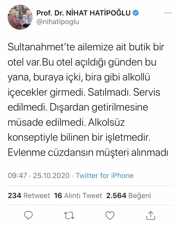 Prof. Dr. Nihat Hatipoğlu ailesine ait butik otelde içki satıldığı iddialarını yalanladı