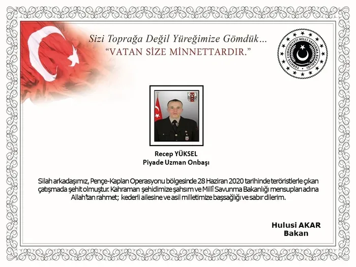 Son dakika: MSB: Pençe-Kaplan Operasyonu’nda Piyade Uzman Onbaşı Recep Yüksel şehit oldu