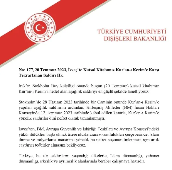 Türk Dışişleri Bakanlığı’ndan Stockholm’de Kur’an-ı Kerim’e saldırıya yanıt: Lanetliyoruz