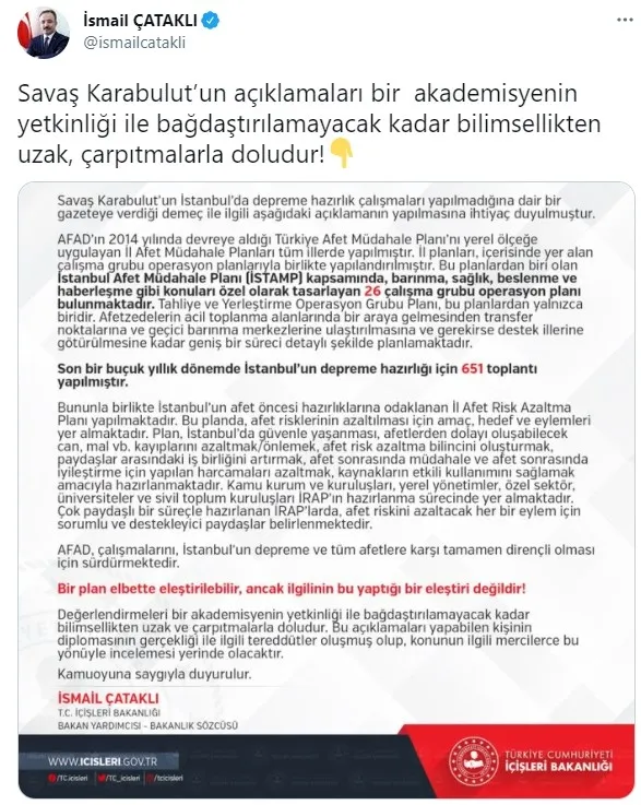 İçişleri Bakan Yardımcısı İsmail Çataklı'dan jeofizik mühendisi Savaş Karabulut’a “İstanbul depremi” yanıtı - 7