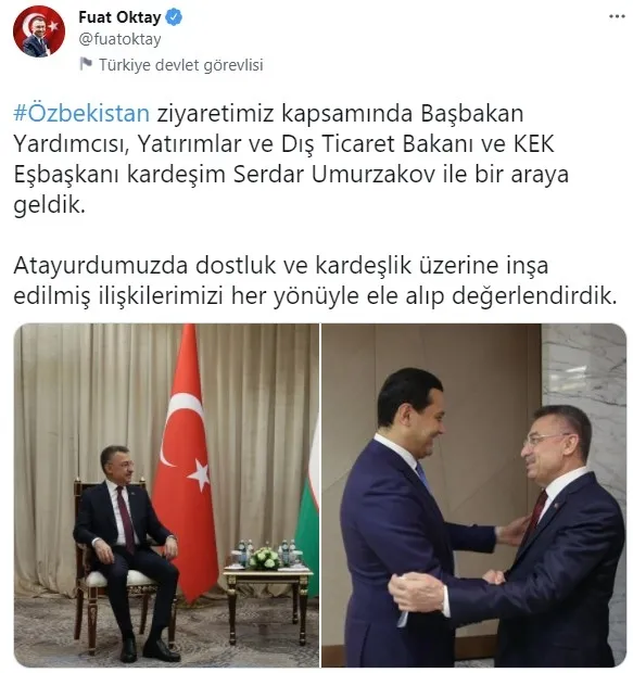 Cumhurbaşkanı Yardımcısı Fuat Oktay Özbekistan Başbakan Yardımcısı Umurzakov ile görüştü