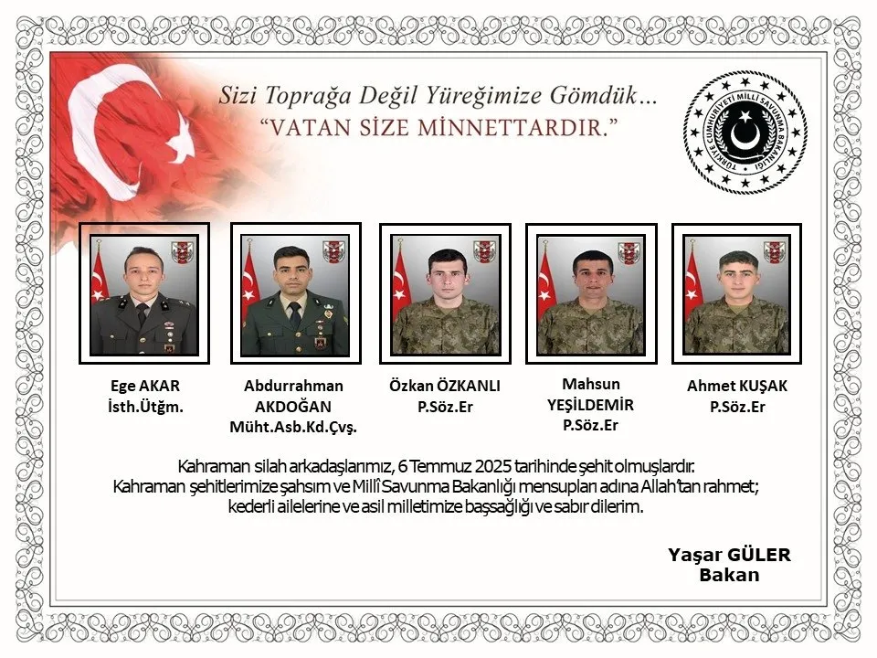 5 ŞEHİDİN KİMLİKLERİ BELLİ OLDU