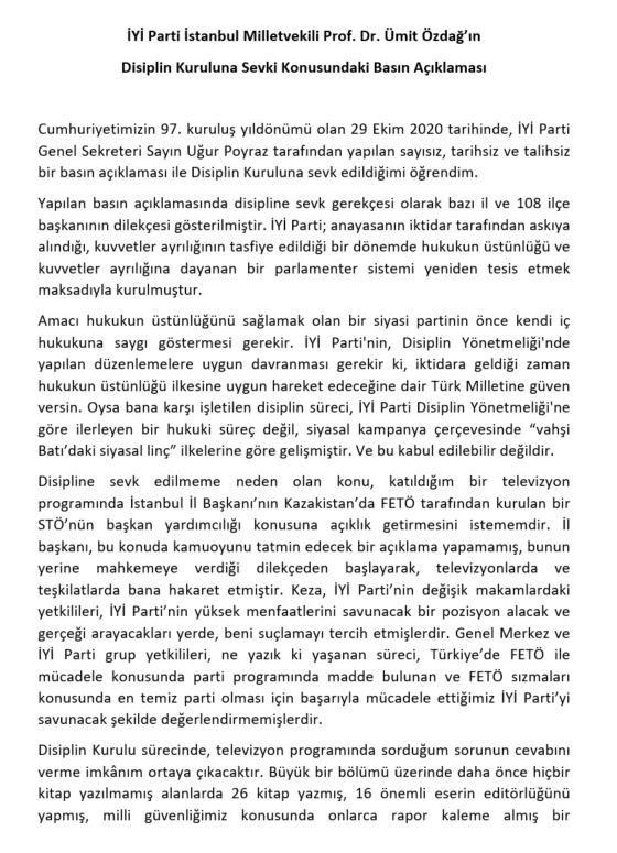 İYİ Parti’deki FETÖ kriziyle ilgili Ümit Özdağ’dan açıklama