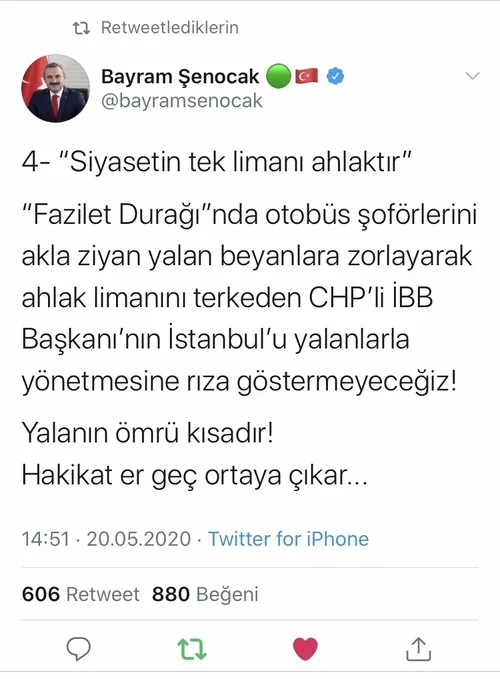 AK Parti İstanbul İl Başkanı Bayram Şenocak’tan CHP’li İBB Başkanı Ekrem İmamoğlu’nun Fazilet durağı yalanına tepki