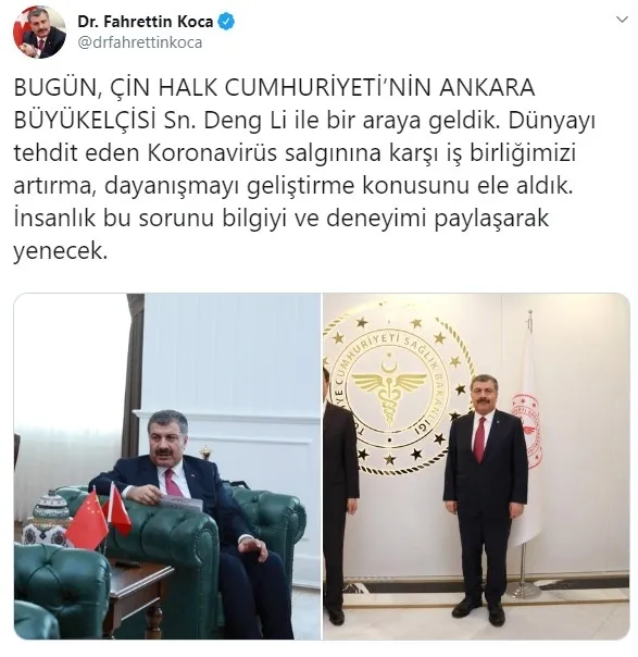 Son dakika: Sağlık Bakanı Fahrettin Koca Çin Halk Cumhuriyeti’nin Ankara Büyükelçisi ile görüştü