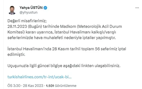 Son dakika! THY: İstanbul Havalimanı’nda 56 sefer iptal edildi