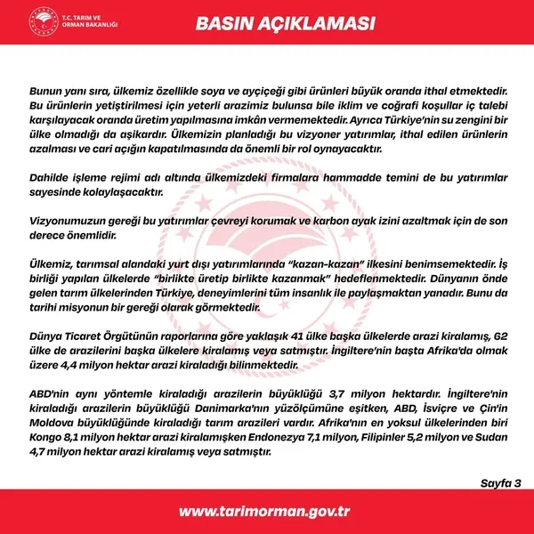 Tarım ve Orman Bakanlığı: Türkiye Cumhuriyeti Devleti adına yurt dışında arazi kiralanması söz konusu değildir - 3