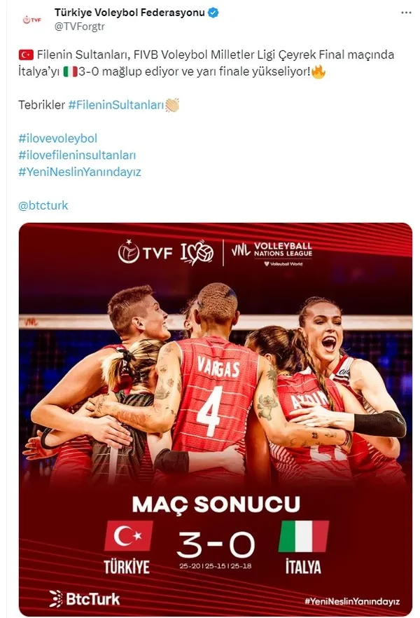 Milli Kadın Voleybol Takımı İtalya’yı 3-0 yenerek yarı finale çıktı