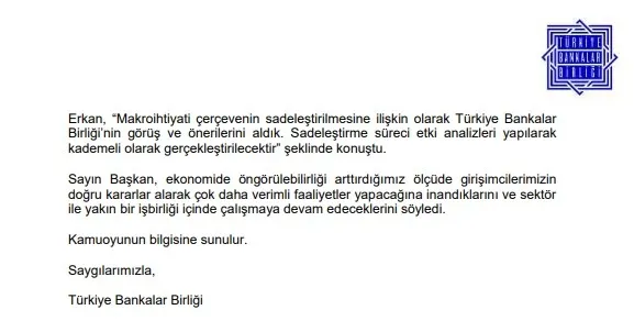 Bankalar Birliği’nden açıklama: MB Başkanı Erkan parasal sıkılaşma sürecinin başladığını duyurdu