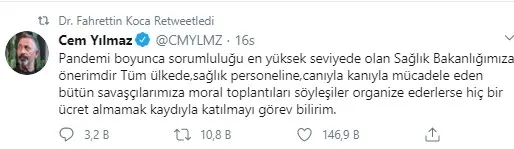 Cem Yılmaz’ın önerisine Sağlık Bakanı Fahrettin Koca’dan yanıt